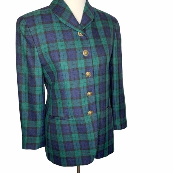 Y2K Rena Rowan Saville Wool Blend Tartan Plaid Blazer Brass Buttons Size 10P - Picture 4 of 15